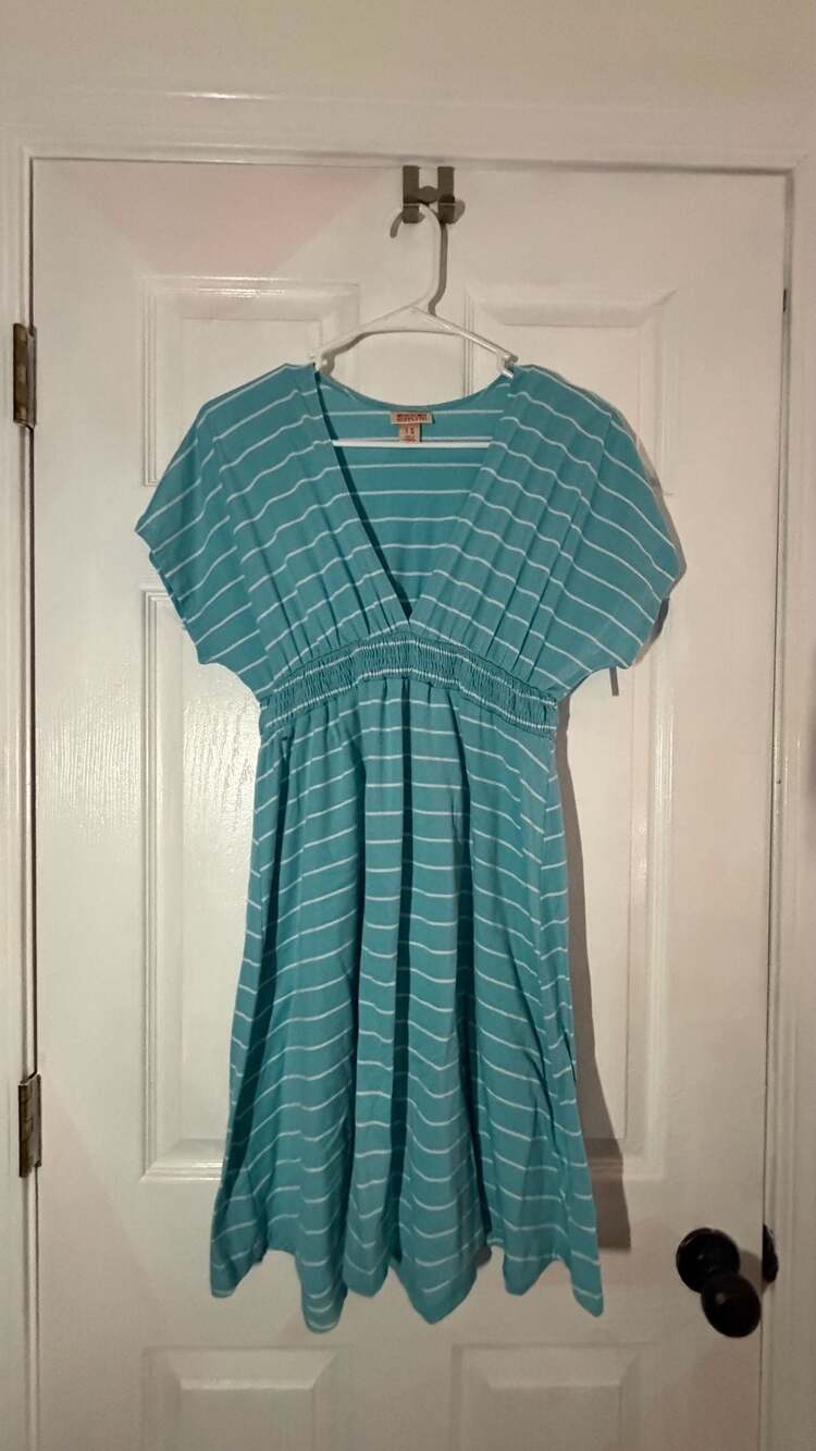 Mossimo Supply Co. Women's Teal and White Striped V-Neck Empire Waist Dress